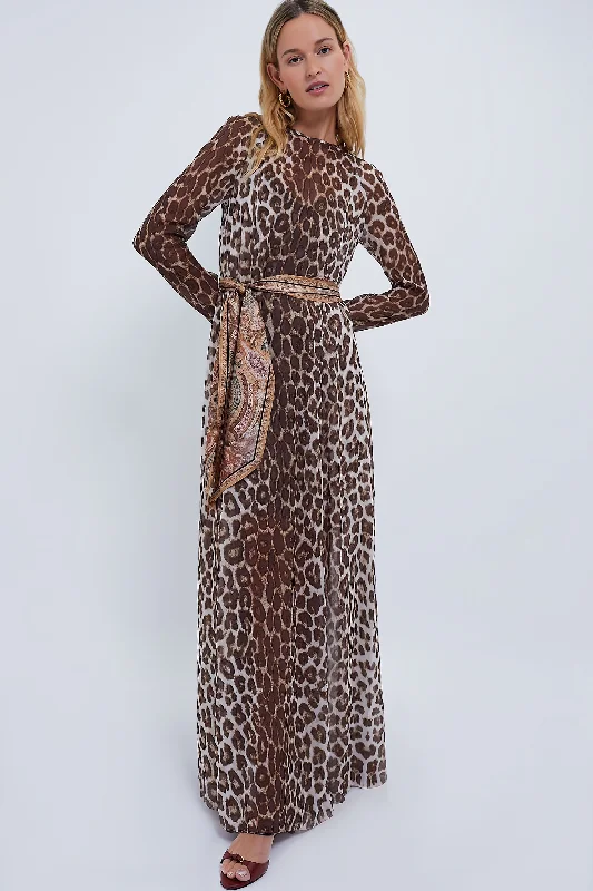 Chocolate Leopard Illustration Sheath Dress Crew Neckline Casual