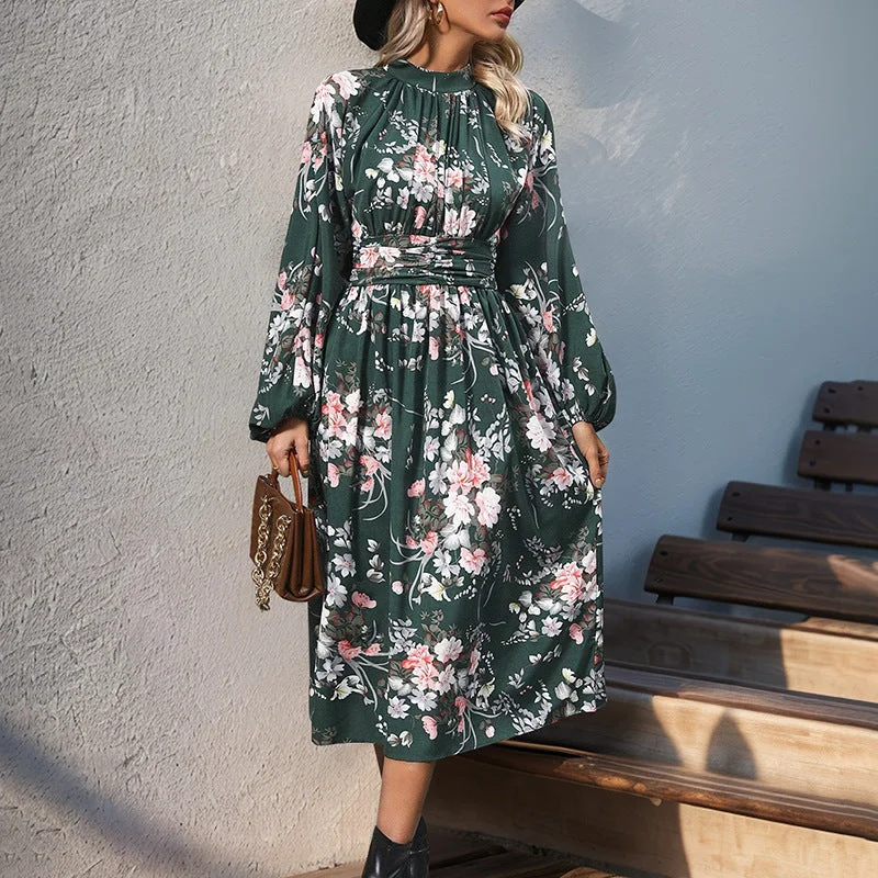 IKEARLAX New autumn new retro printing temperament elegant high waist dress long sleeve stand-up collar hot sale women's long dress Tunics Designer luxury IKEARLAX New autumn new retro printing temperament elegant high waist dress long sleeve stand-up collar hot sale women's long dress Tunics Designer luxury