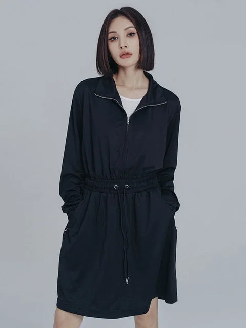 Mooni Drawstring Sweatshirt Dress Hoodie with Zipper Placket Modern Functional