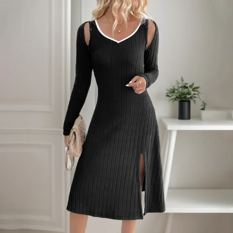 IKEARLAX autumn new black and white contrasting dress casual suspender two-piece set women's split skirt Elegant Long Evening