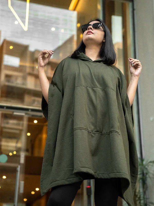 Olive Poncho Hoodie - Solid (Female) Hoodie with Slim Fit Tailored Modern