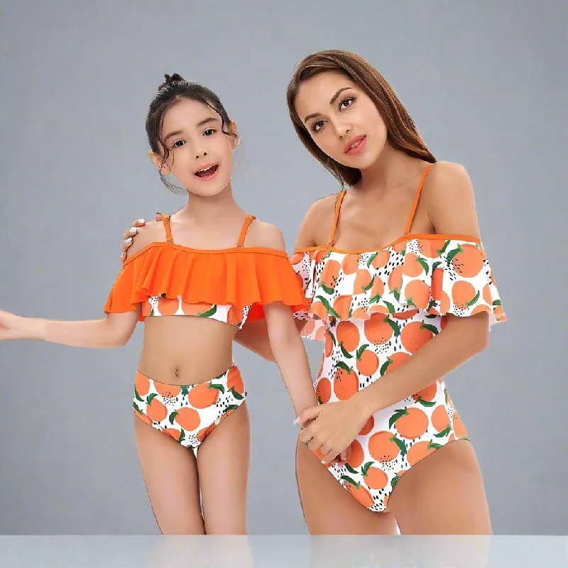 Matching Mommy & Me Orange Print Swimsuit Modern High-Waisted Swimsuit