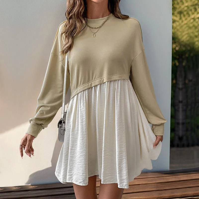 IKEARLAX 2025 casual daily versatile long-sleeved dress autumn new round neck contrasting color splicing skirt Off-the-shoulder Chic Trendy IKEARLAX 2025 casual daily versatile long-sleeved dress autumn new round neck contrasting color splicing skirt Off-the-shoulder Chic Trendy