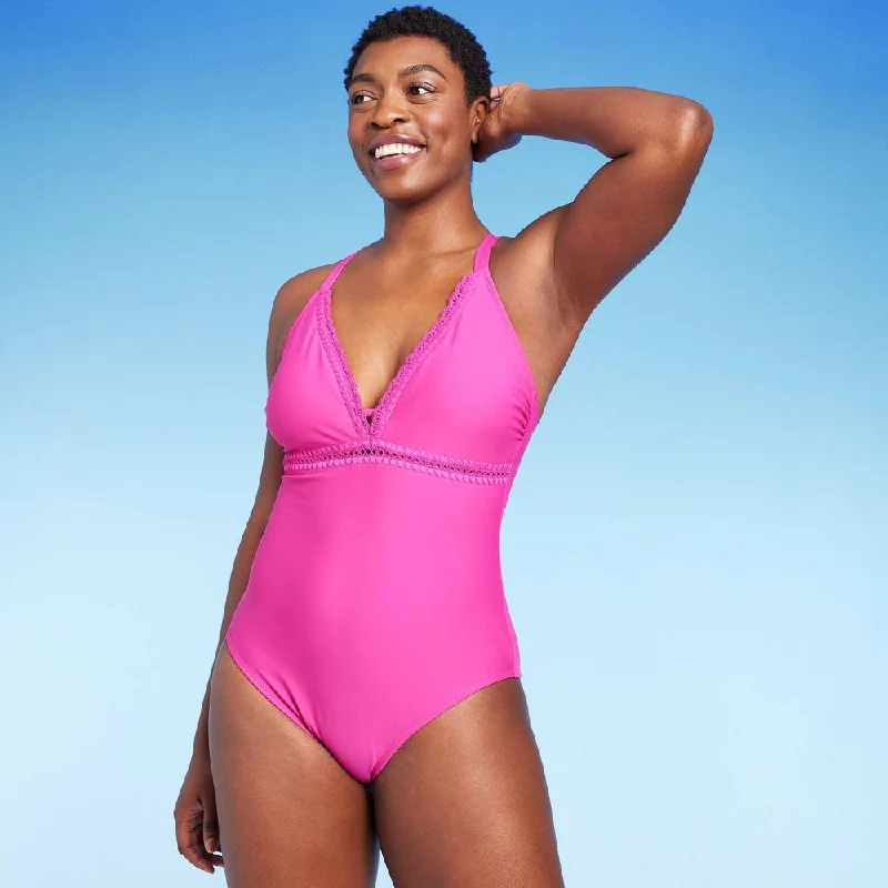 Open Box - Women's Crochet Shell Stitch Medium Coverage One Piece Swimsuit - Kona Sol Pink S Deep-V Swimsuit Design Open Box - Women's Crochet Shell Stitch Medium Coverage One Piece Swimsuit - Kona Sol Pink S Deep-V Swimsuit Design