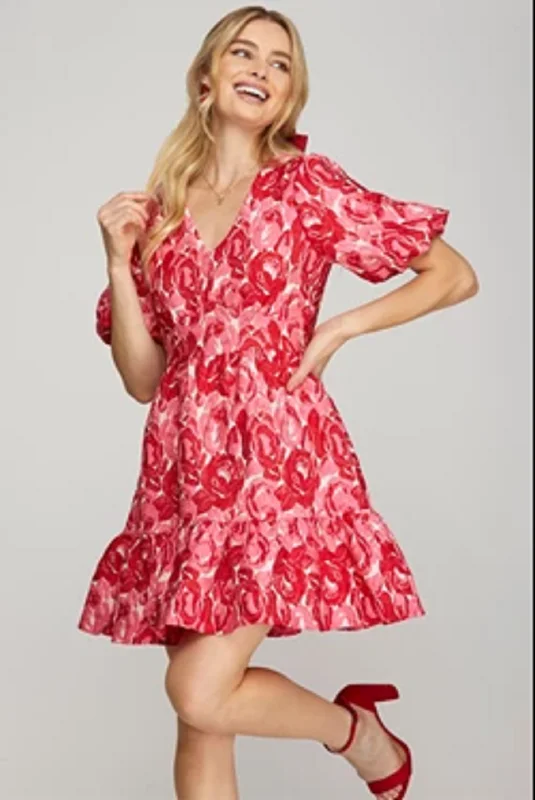 She + Sky Short Puff Sleeve Dress Crew Neckline Sporty