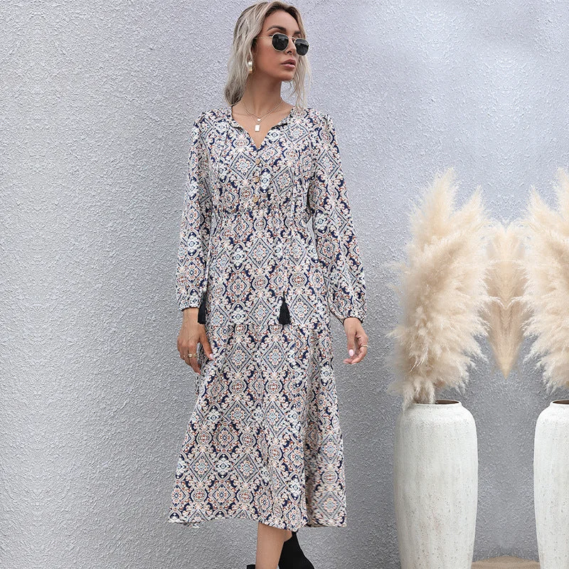 IKEARLAX cross-border autumn explosion high-waisted long-sleeved straps long dress ethnic style printed dress women Tunics Exclusive limited IKEARLAX cross-border autumn explosion high-waisted long-sleeved straps long dress ethnic style printed dress women Tunics Exclusive limited