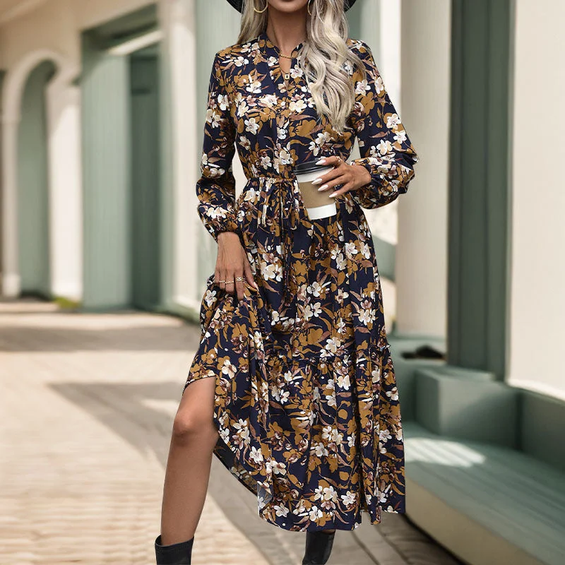 IKEARLAX Yama New new autumn  women's clothing retro printing dress 2025 temperament elegant V-neck skirt women Tunics Winter warm