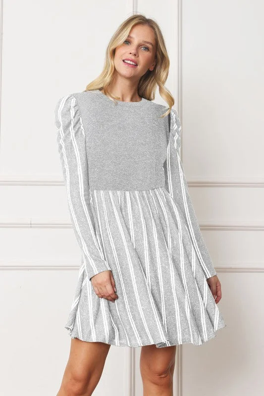Pinstripe Puff Shoulder Flare Dress - Plus Size Tunics Favorite customer