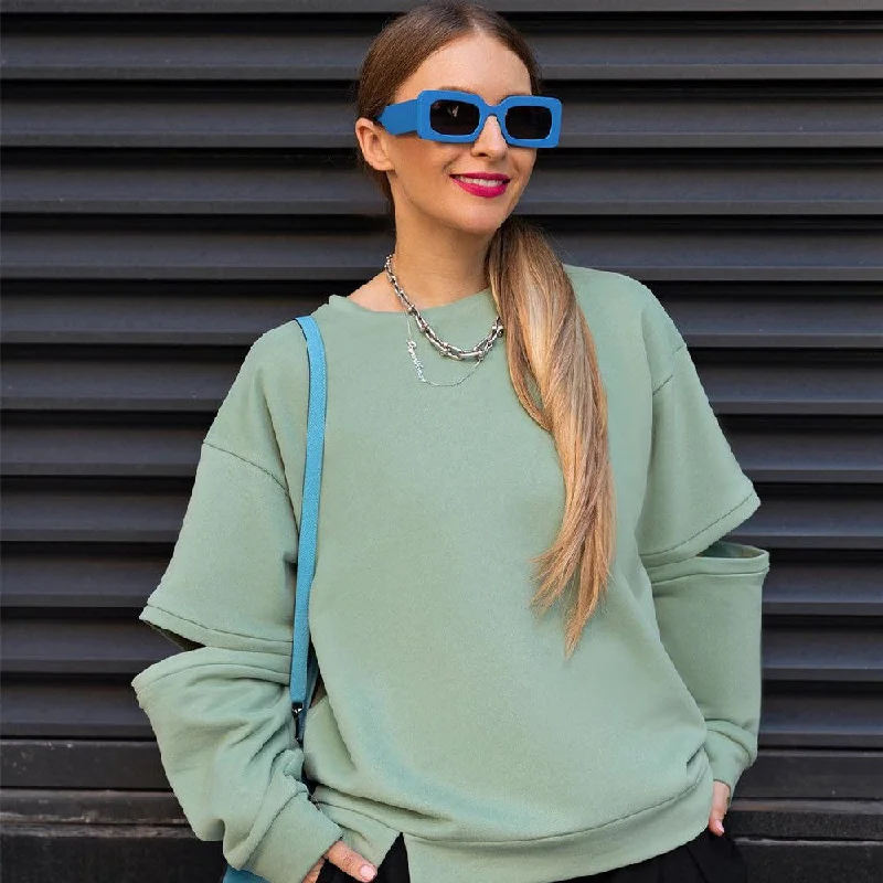 Round Neck Printed Loose Sweatshirt Women Hoodie with Button Classic Timeless