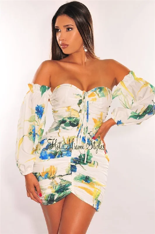 White Floral Print Off Shoulder Long Sleeves Ruched Dress Tunic Top Casual
