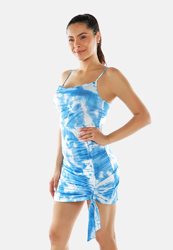 Blue Tie Dye Bodycon Ruched Slip Dress Elegant Long Evening