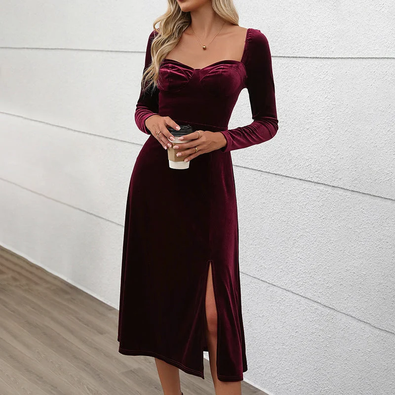 IKEARLAX New New Elegant Valentine's Day Split Dress Christmas Velvet Solid Color Square Neck Dress Women Tunics Polka dots IKEARLAX New New Elegant Valentine's Day Split Dress Christmas Velvet Solid Color Square Neck Dress Women Tunics Polka dots
