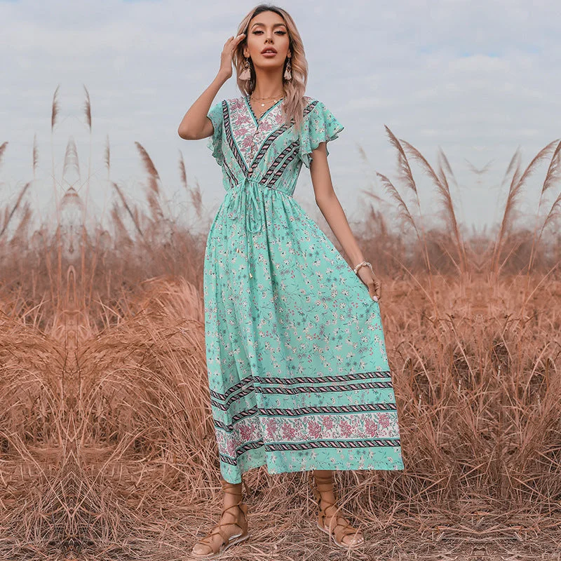 IKEARLAX summer floral dress V-neck lotus leaf sleeve lace-up bohemian dress Tunics Business professional IKEARLAX summer floral dress V-neck lotus leaf sleeve lace-up bohemian dress Tunics Business professional