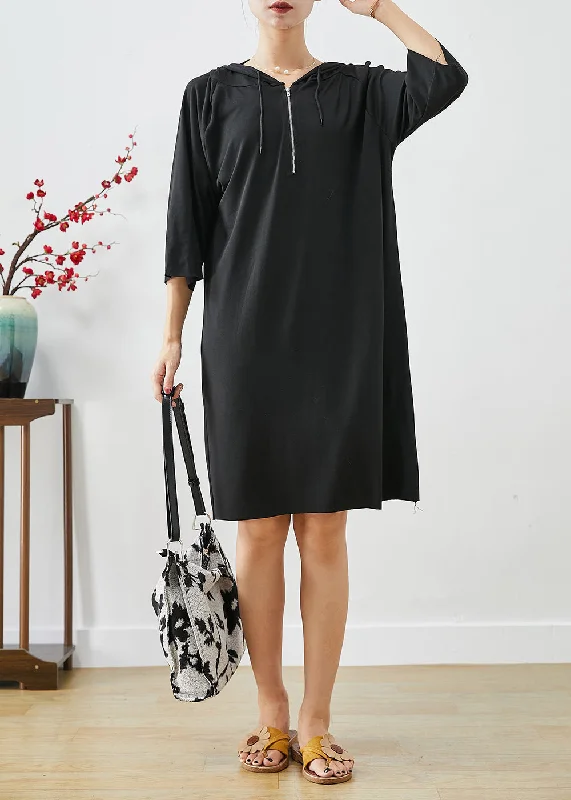 Black Cotton Loose Sweatshirts Dress Oversized Zippered Summer Hoodie with Slit Hem Functional Movement Black Cotton Loose Sweatshirts Dress Oversized Zippered Summer Hoodie with Slit Hem Functional Movement