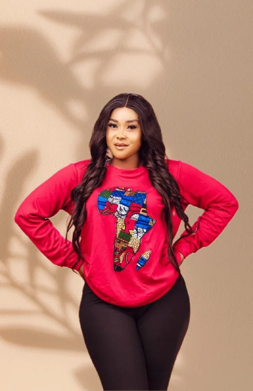 The Ada Map of Africa Ankara Crewneck Sweatshirt Jumper in Red Hoodie Jacket Zipper Layering The Ada Map of Africa Ankara Crewneck Sweatshirt Jumper in Red Hoodie Jacket Zipper Layering