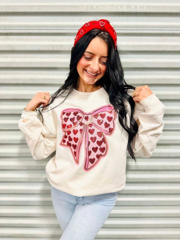 Heart Bow Sequin Patch Sweatshirt Hoodie with Sequins Glamorous Eye-catching