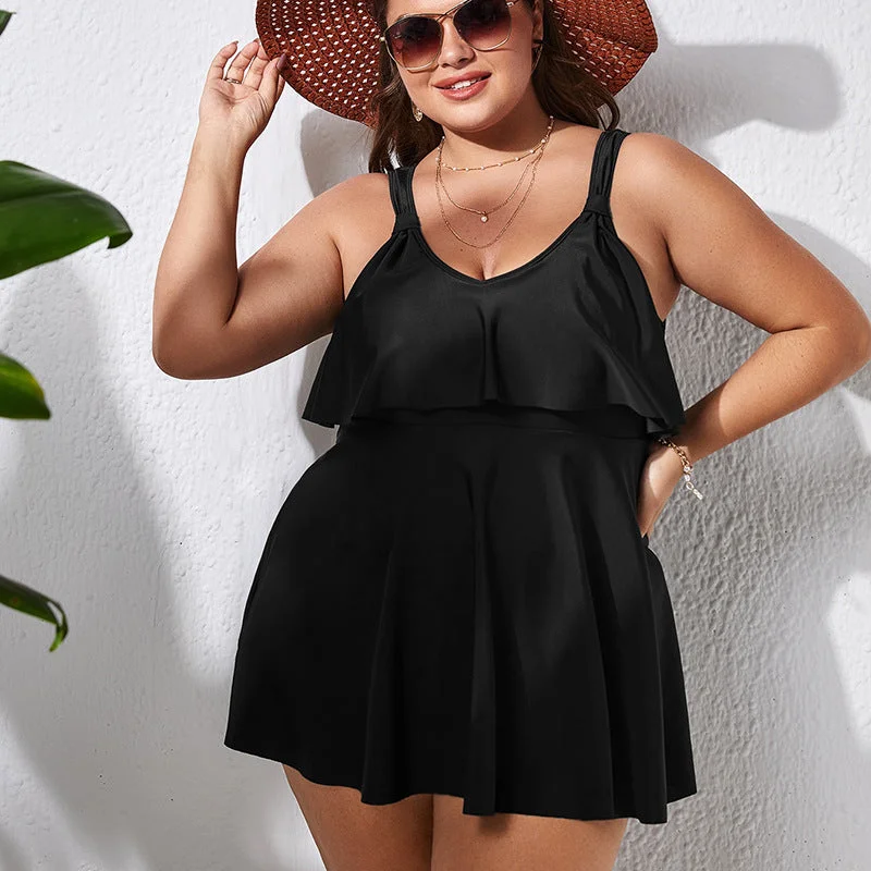 Summer Ruffled Plus Sizes Black Swimsuits Push-Up Swimsuit Top