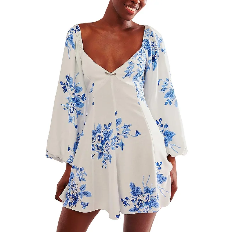 Womens Floral Print Surplice Babydoll Dress Tunics Print Colorful