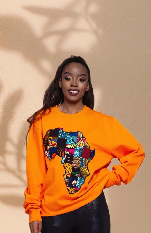 The Ada Map of Africa Ankara Crewneck Sweatshirt Jumper in Orange Hoodie with Front Slit Layering Stylish