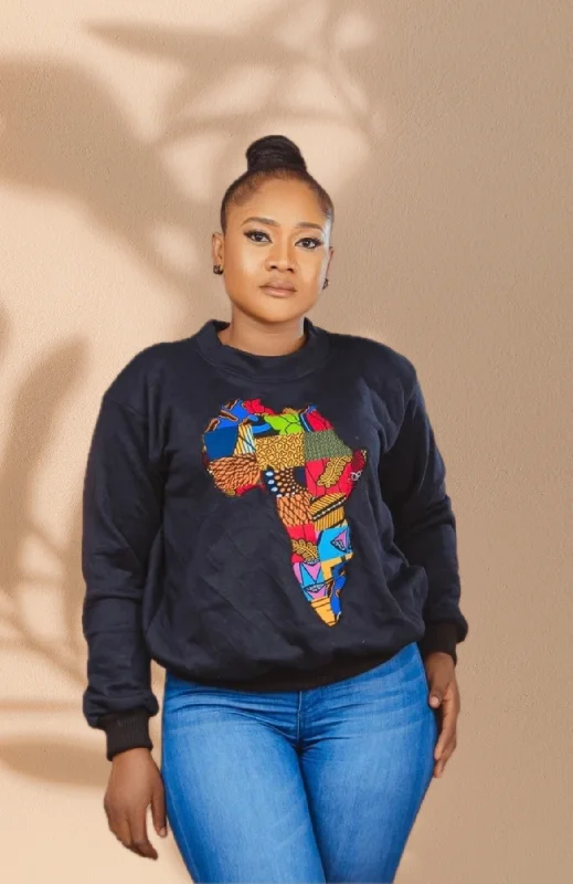 The Ada Map of Africa Ankara Crewneck Sweatshirt Jumper in Black Oversized Hoodie Comfort Casual The Ada Map of Africa Ankara Crewneck Sweatshirt Jumper in Black Oversized Hoodie Comfort Casual