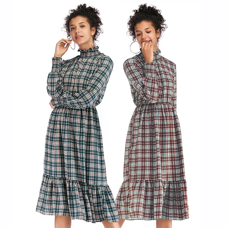 IKEARLAX cross-border autumn women's clothing trade turtleneck plaid chiffon dress long-sleeved ruffle edge plaid skirt Crew Neckline Sporty IKEARLAX cross-border autumn women's clothing trade turtleneck plaid chiffon dress long-sleeved ruffle edge plaid skirt Crew Neckline Sporty