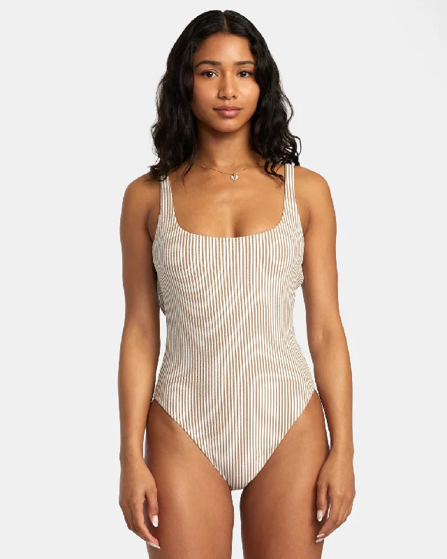 Linear Staple One-Piece Med French One-Piece Swimsuit - Workwear Brown Shiny One-Piece Swimsuit