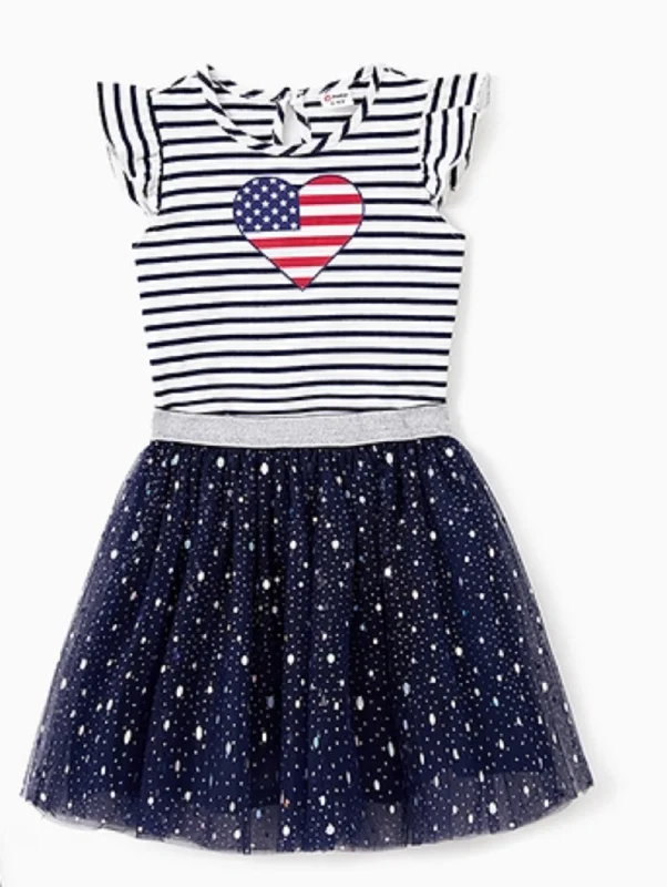 4th of July Stripe Heart American Flag Tulle Dress Tunics Trendy modern