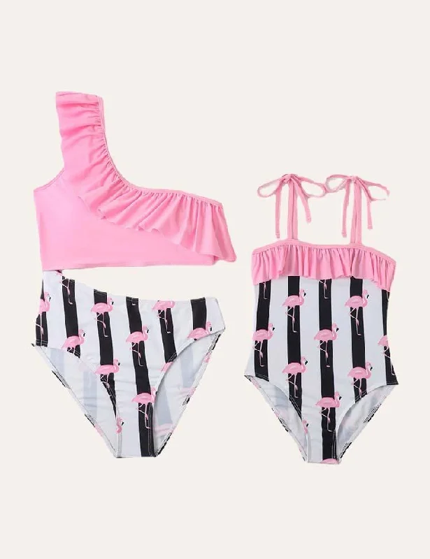 Flamingo Striped Family Matching Swimsuit Playful Pattern Swimsuit