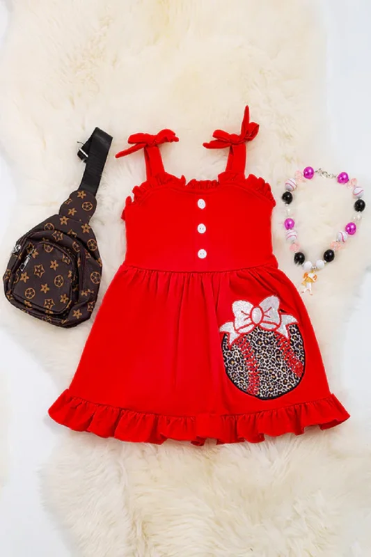 Red Baseball Dress with Ruffled Hem Off-the-shoulder Chic Trendy