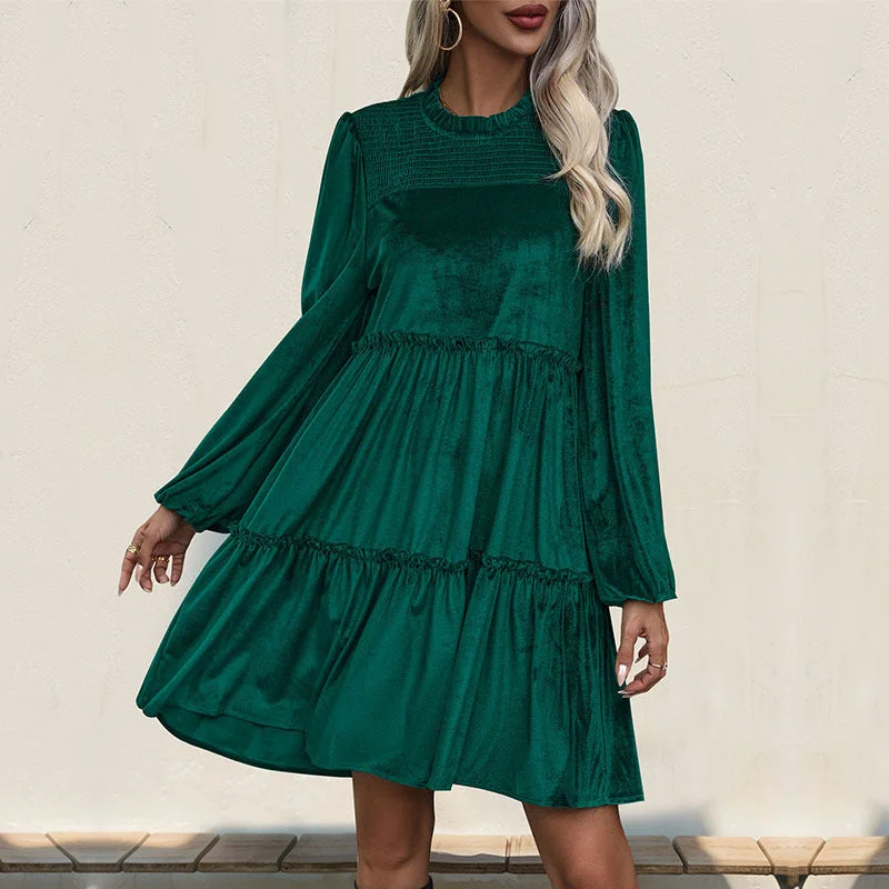 IKEARLAX new long-sleeved solid color dress dark green velvet mid-skirt ruffle edge women's skirt Tunics Denim casual