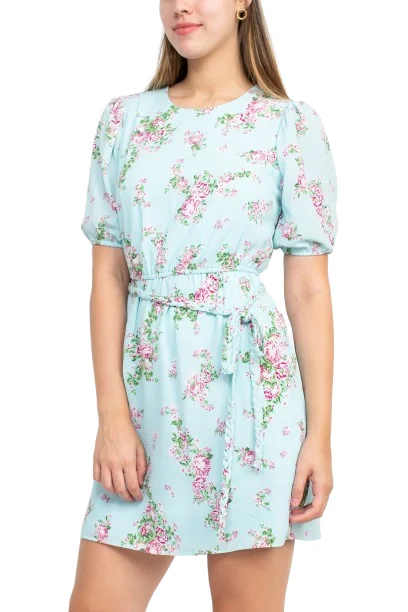 Crew Neck Short Sleeve Tie Waist Floral Print Crepe Dress Tunics Mesh breathable