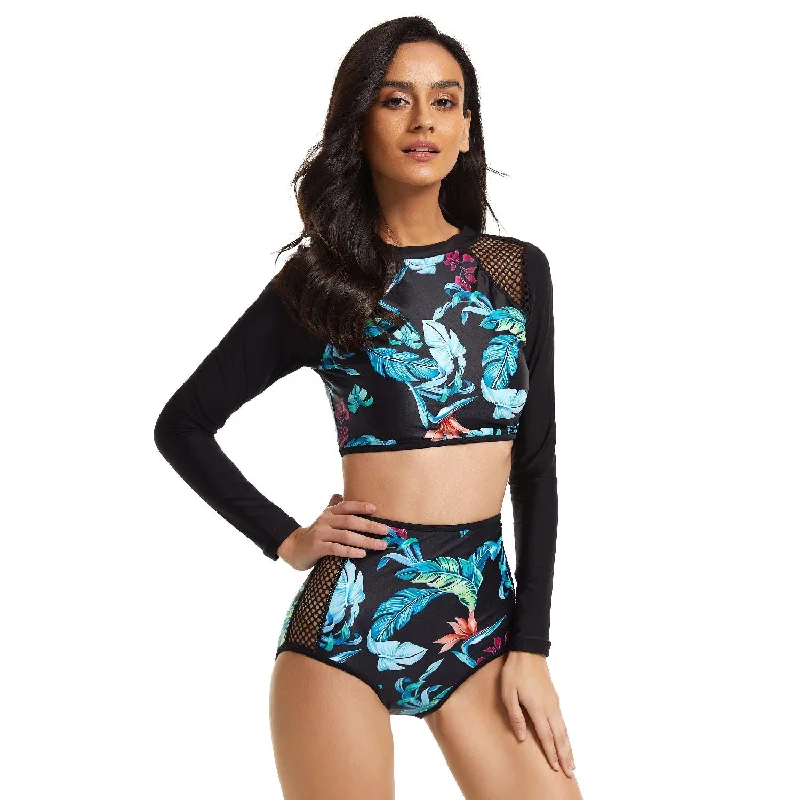 Sexy Floral Print Long Sleeves Surfing Swimsuits for Women Classic One-Piece