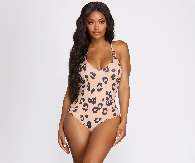 In Charge Leopard Print One Piece Swimsuit Sporty Swimwear Bottoms