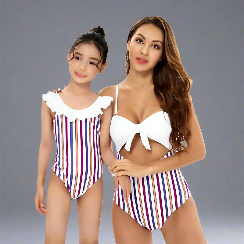Chic Striped One-Piece Swimsuit with Playful Ruffle Detail - A Duo of Elegance for Mother & Daughter Floral Swimwear Set Chic Striped One-Piece Swimsuit with Playful Ruffle Detail - A Duo of Elegance for Mother & Daughter Floral Swimwear Set