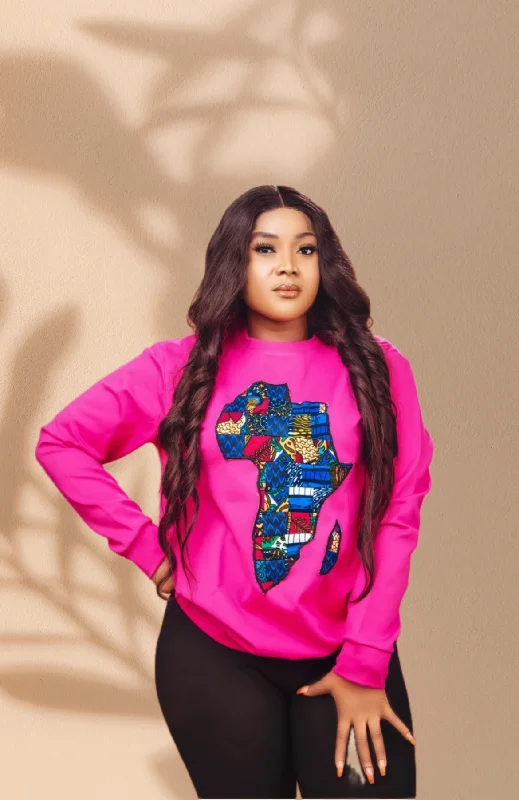 The Ada Map of Africa Ankara Crewneck Sweatshirt Jumper in Hot Pink Hoodie Sweatshirt Pullover
