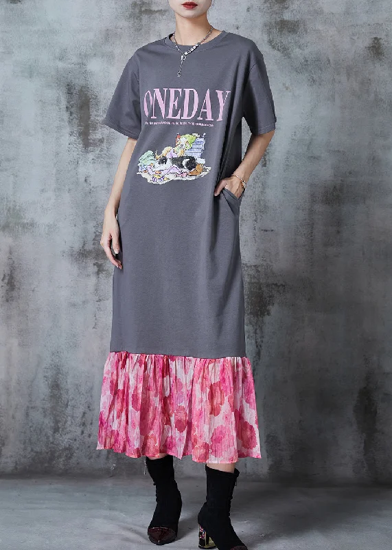 Natural Grey Oversized Patchwork Cotton Sweatshirts Dress Summer Hoodie with Color Block Contrast Stylish