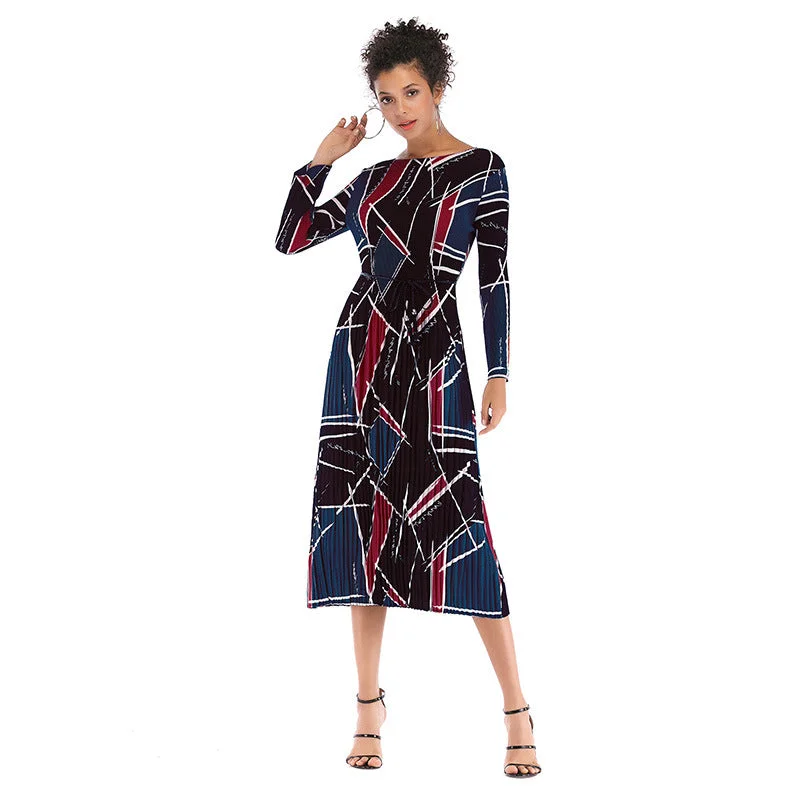 IKEARLAX cross-border printed chiffon dress autumn women's long-sleeved pleated round neck contrasting color dress Boatneck Modish Everyday IKEARLAX cross-border printed chiffon dress autumn women's long-sleeved pleated round neck contrasting color dress Boatneck Modish Everyday