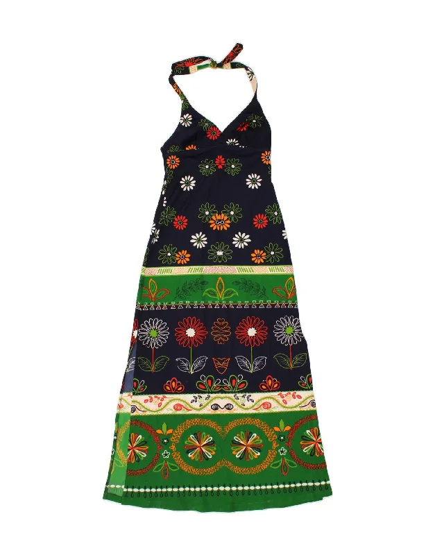 VINTAGE Womens Halter Dress IT 38 XS Navy Blue Floral Polyester Maxi Flowy Bohemian