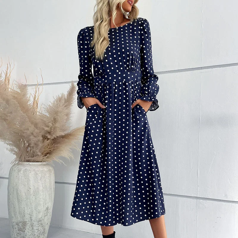 IKEARLAX New Cross-border 2025 Women's Clothing New Autumn and Winter New Long Sleeve Blue Polka Dot Medium and Long Dress Tunics Modern contemporary IKEARLAX New Cross-border 2025 Women's Clothing New Autumn and Winter New Long Sleeve Blue Polka Dot Medium and Long Dress Tunics Modern contemporary