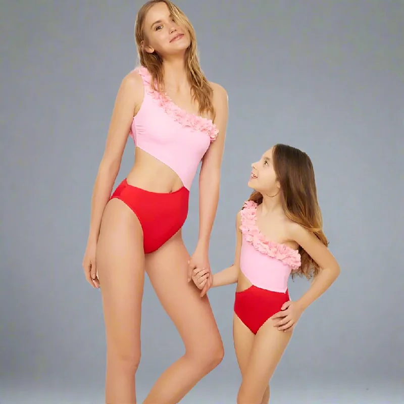 Matching Mother-Daughter Floral Ruffle One-Shoulder Cutout Swimsuit – Pink and Red Bold Swimsuit Design Matching Mother-Daughter Floral Ruffle One-Shoulder Cutout Swimsuit – Pink and Red Bold Swimsuit Design
