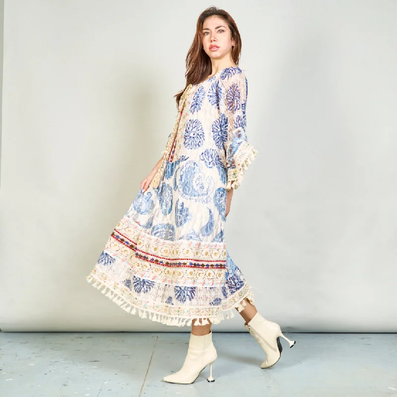 Boho lace dress with tassel detailing wholesale empire Waist empire