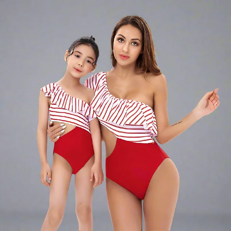Chic One-Shoulder Striped Ruffle Swimsuit for Women and Girls - Elegant Monokini with Side Tie Comfortable Swim Dress Chic One-Shoulder Striped Ruffle Swimsuit for Women and Girls - Elegant Monokini with Side Tie Comfortable Swim Dress