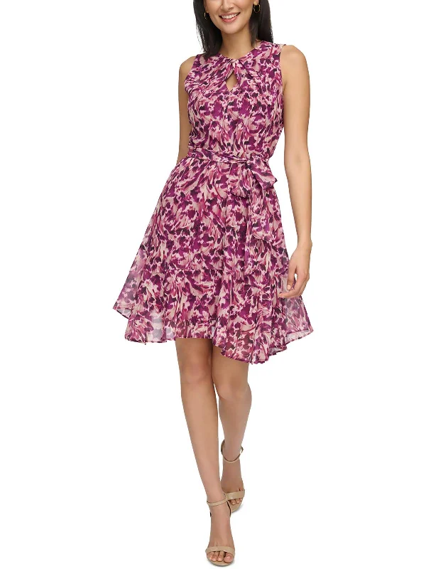 Petites Womens Printed Chiffon Fit & Flare Dress Tunics Canvas sturdy