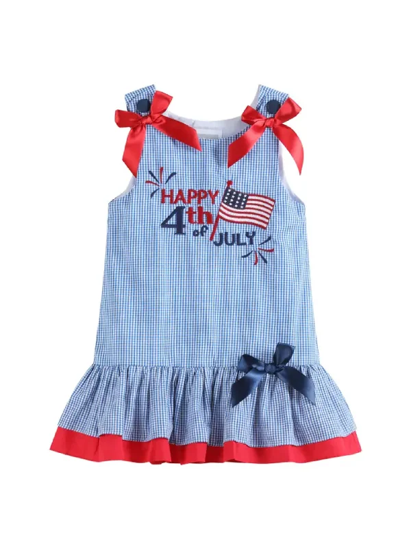 Lil Cactus Happy 4th of July Blue Gingham Ruffle Dress Tunics Floral girly