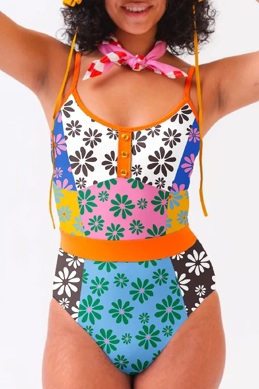 Orange Floral Colorblock Buttoned Front Spaghetti Straps Swimsuit Shiny One-Piece Swimsuit