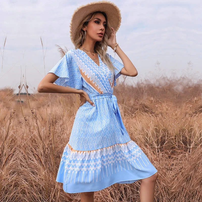 IKEARLAX summer V-neck printing slim-fitting lace-up fresh short-sleeved dress women's cross-border Floral Print girly IKEARLAX summer V-neck printing slim-fitting lace-up fresh short-sleeved dress women's cross-border Floral Print girly
