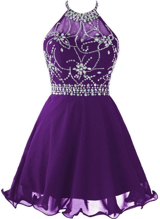Beautiful Purple Chiffon Halter Beaded Homecoming Dress, Knee Length Party Dress Tunics Modern contemporary Beautiful Purple Chiffon Halter Beaded Homecoming Dress, Knee Length Party Dress Tunics Modern contemporary