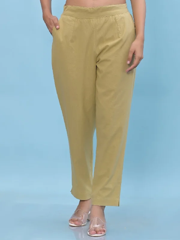 Women Olive Solid Cotton Pants With Partially Elasticated Waistband And Two Side Pockets Cozy Maternity Pants