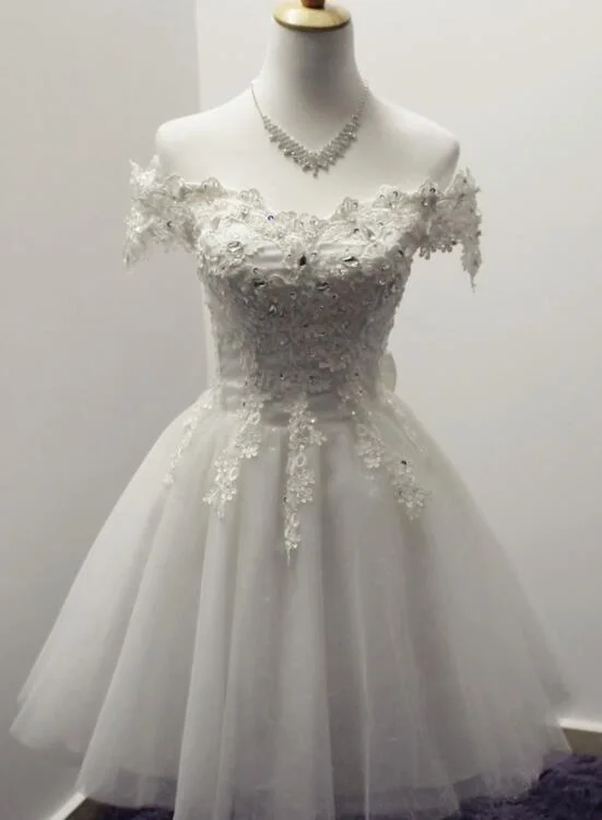 Gorgeous White Off Shoulder Tulle Lace and Beaded Homecoming Dresses, Cute Party Dress Tunics Stylish modern Gorgeous White Off Shoulder Tulle Lace and Beaded Homecoming Dresses, Cute Party Dress Tunics Stylish modern