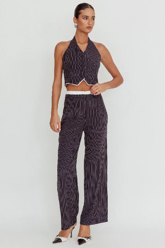 Lilija Pinstripe Double Waistband Wide-Leg Pants Navy Comfy Zip-Up Pants